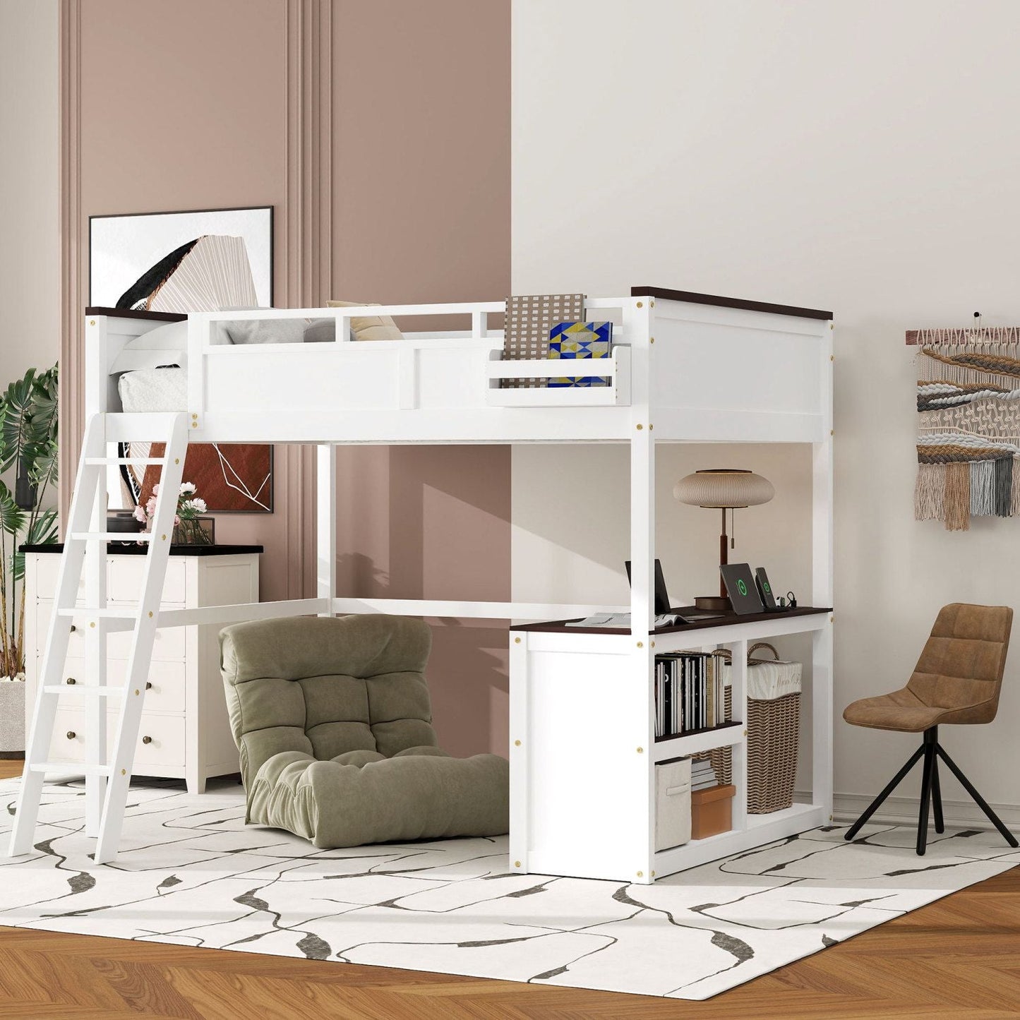 Space-Saving Queen Wood Loft Bed with Desk, Storage & USB Charging Station, White | Just Better Bunk Beds