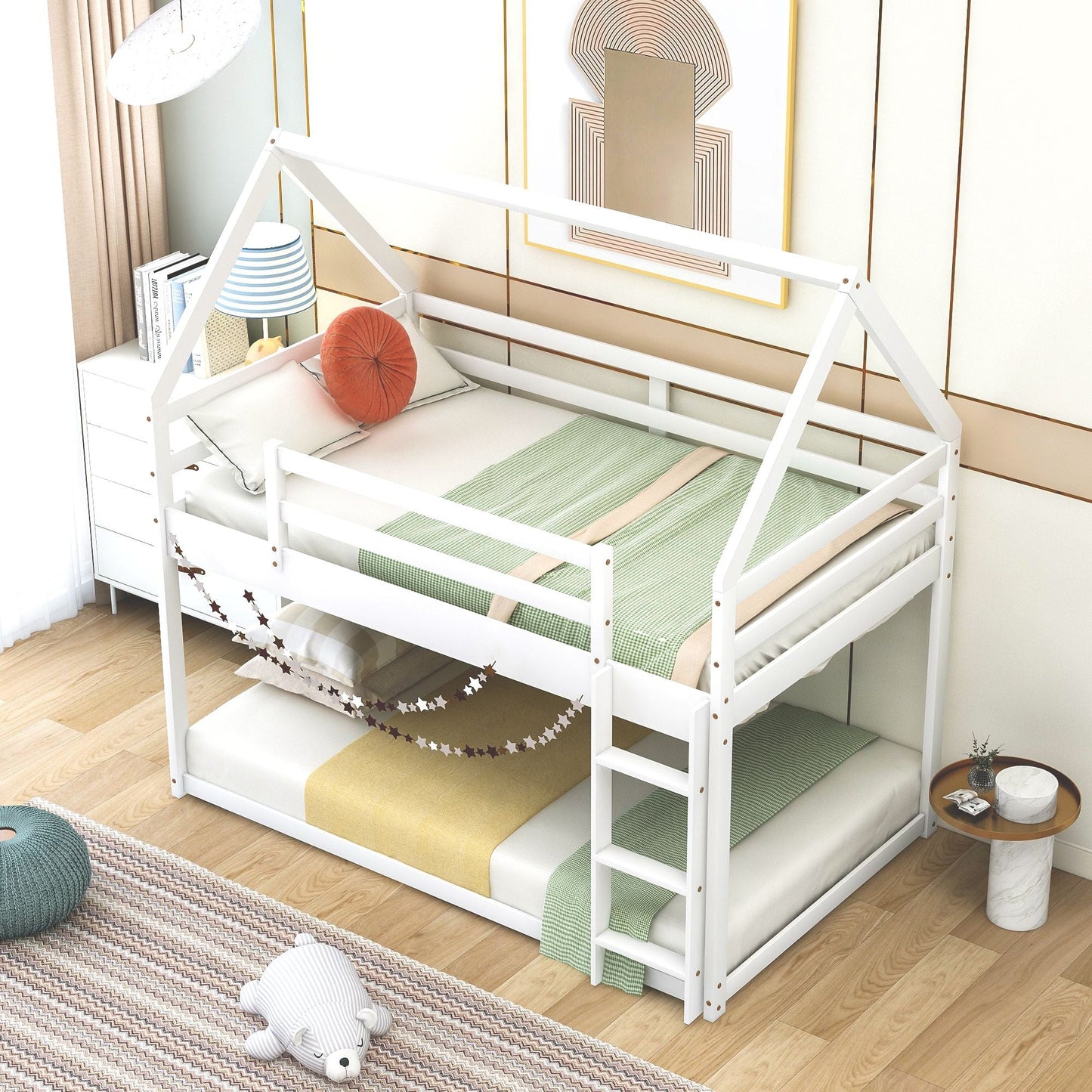 House-Style Low Twin Over Twin Wood Bunk Bed with Ladder, White | Just Better Bunk Beds