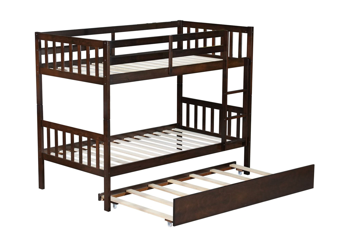 Convertible Twin Over Twin Rubber Wood Bunk Bed with Trundle, Ladder, and Guardrails, Espresso | Just Better Bunk Beds