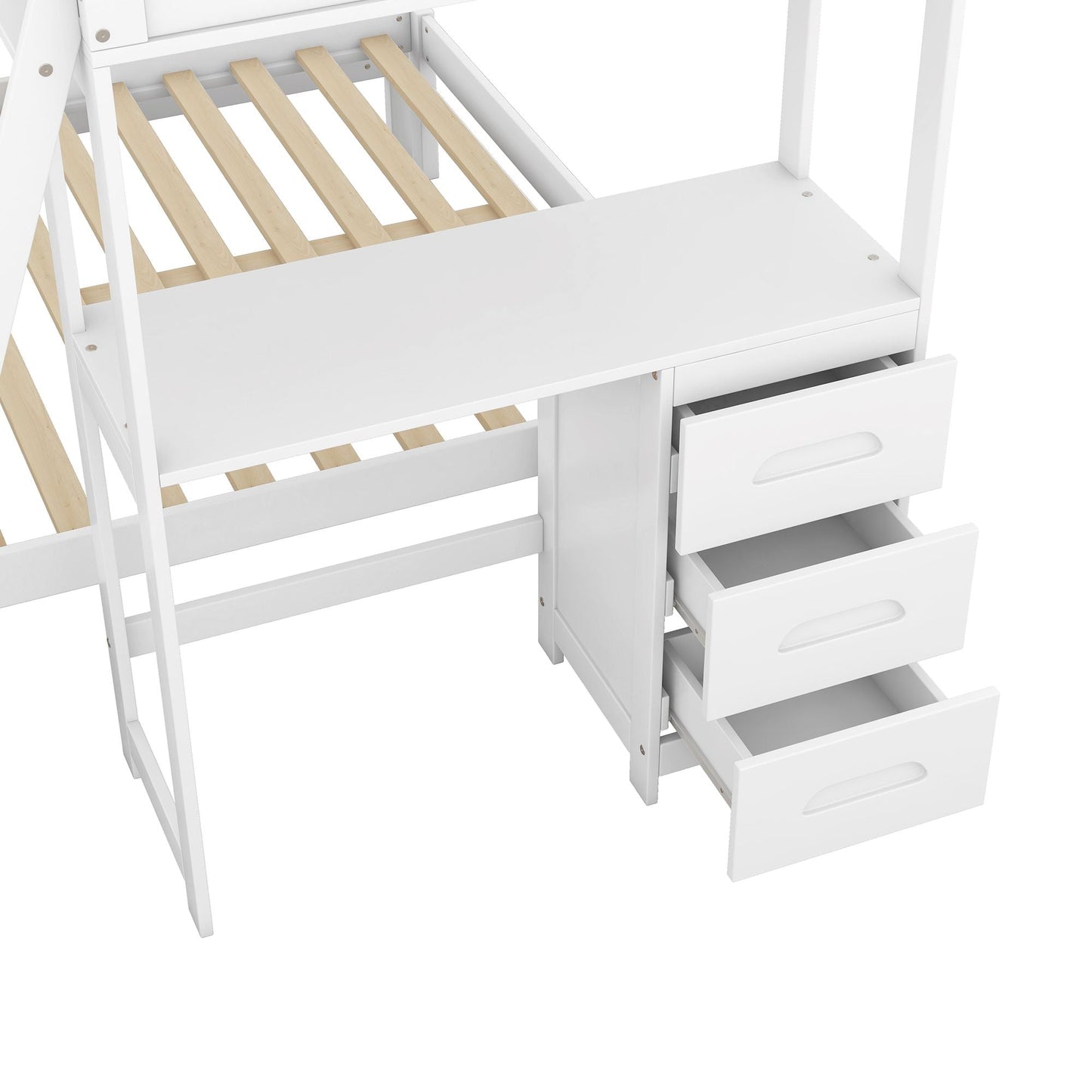 Space-Saving Twin Over Full Wood Bunk Bed with Built-in Desk and Drawers, White | Just Better Bunk Beds