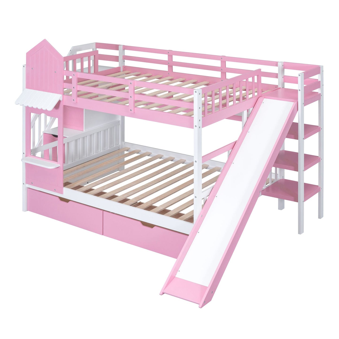 House-Style Full Over Full Wood Castle Bunk Bed with Drawers, Shelves, and Slide, Pink | Just Better Bunk Beds