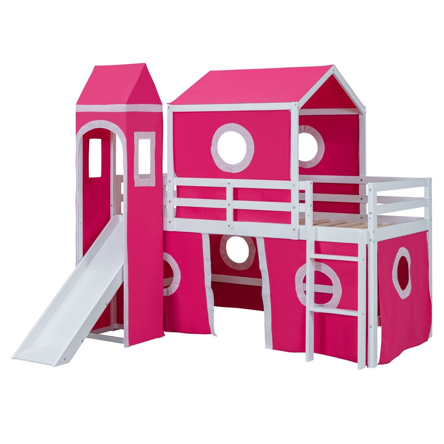 Kids Bedroom Twin Loft Bed with Slide, Pink Tent and Tower, Pink Wood | Just Better Bunk Beds