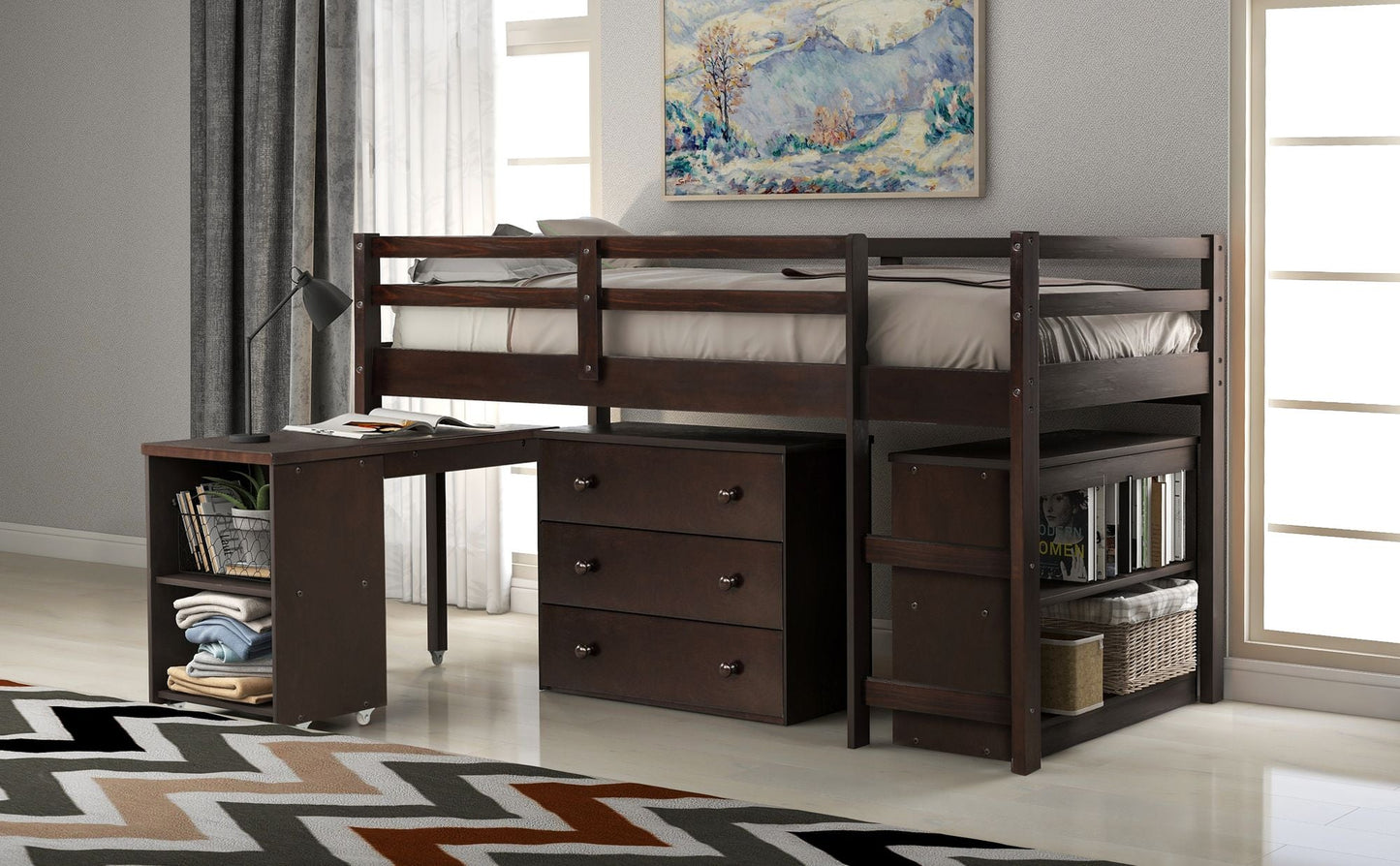 Kids Bedroom Twin Wood Loft Bed with Cabinet and Rolling Desk, White | Just Better Bunk Beds
