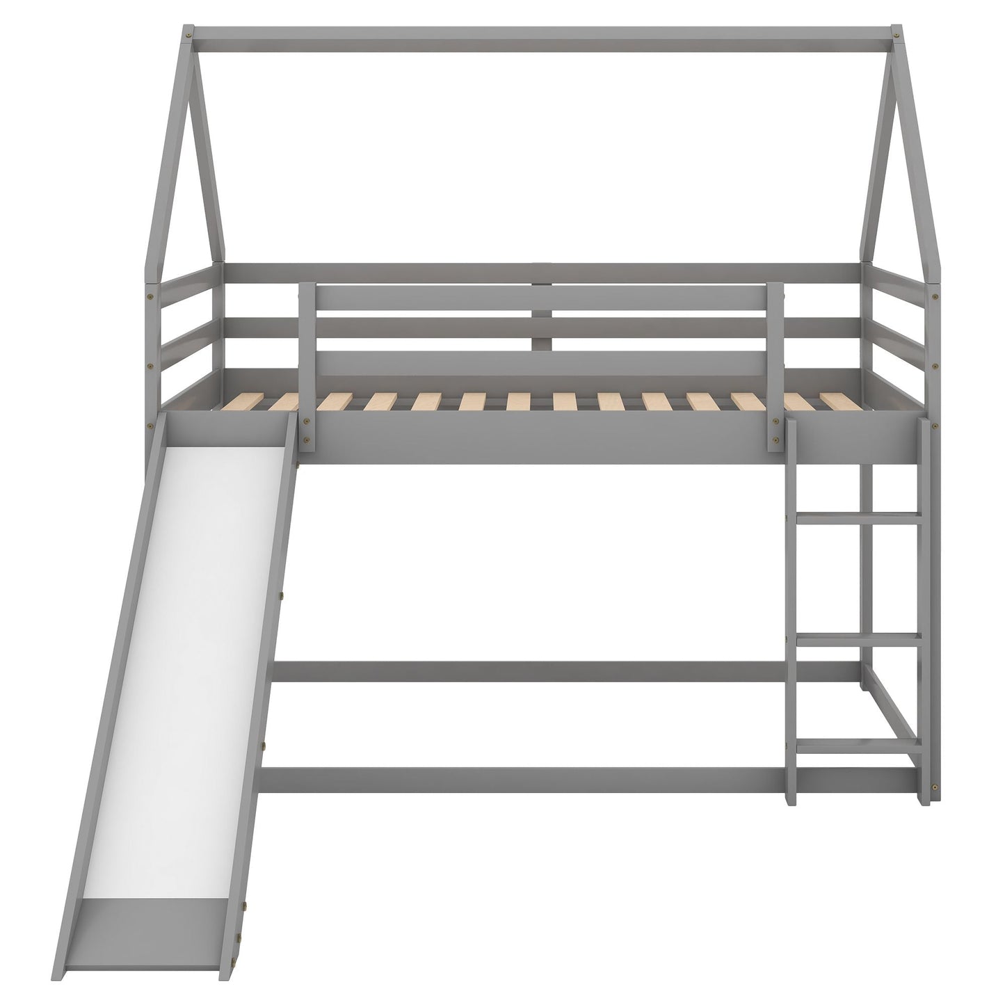 House-Style Low Twin Over Twin Wood Bunk Bed with Ladder, White | Just Better Bunk Beds