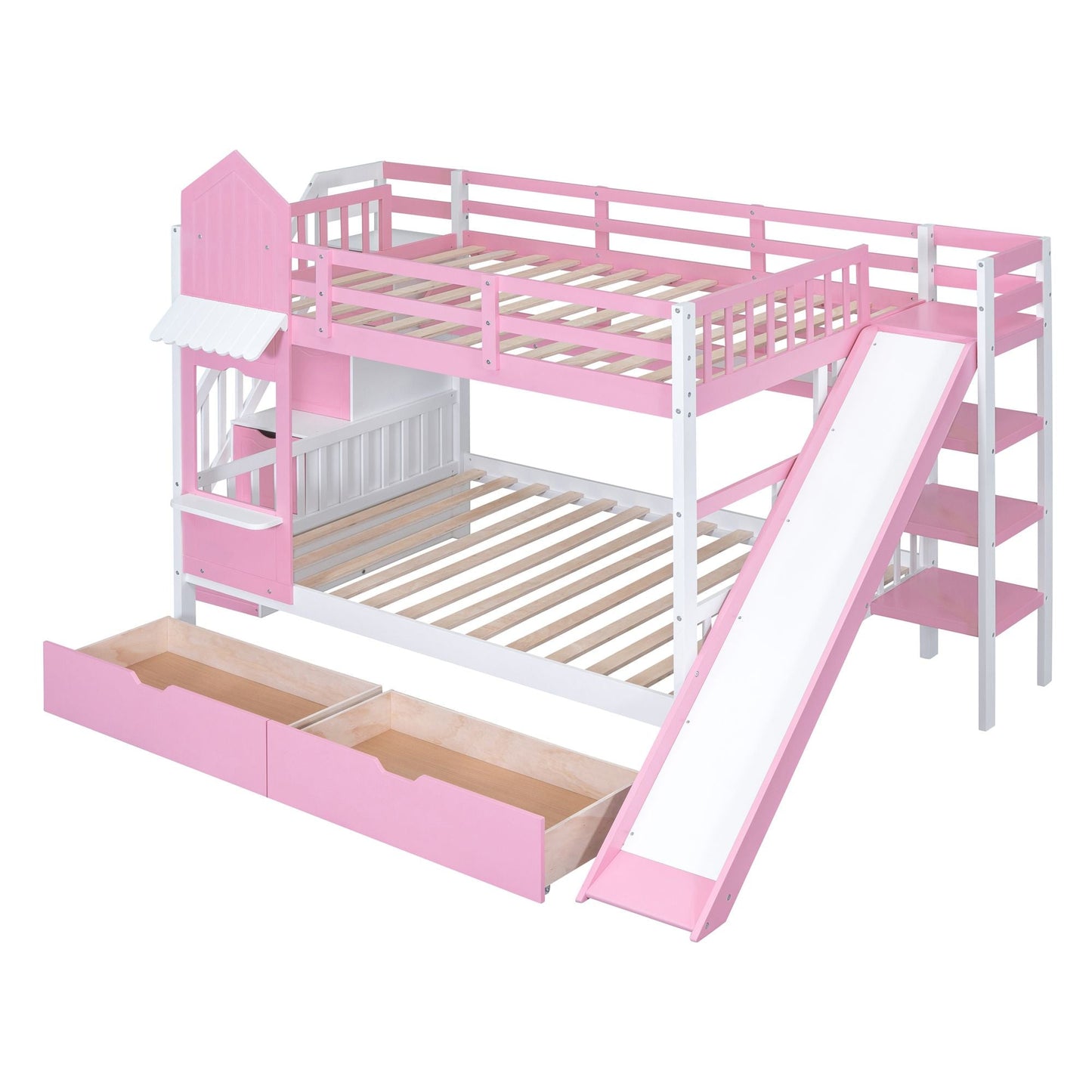 House-Style Full Over Full Wood Castle Bunk Bed with Drawers, Shelves, and Slide, Pink | Just Better Bunk Beds
