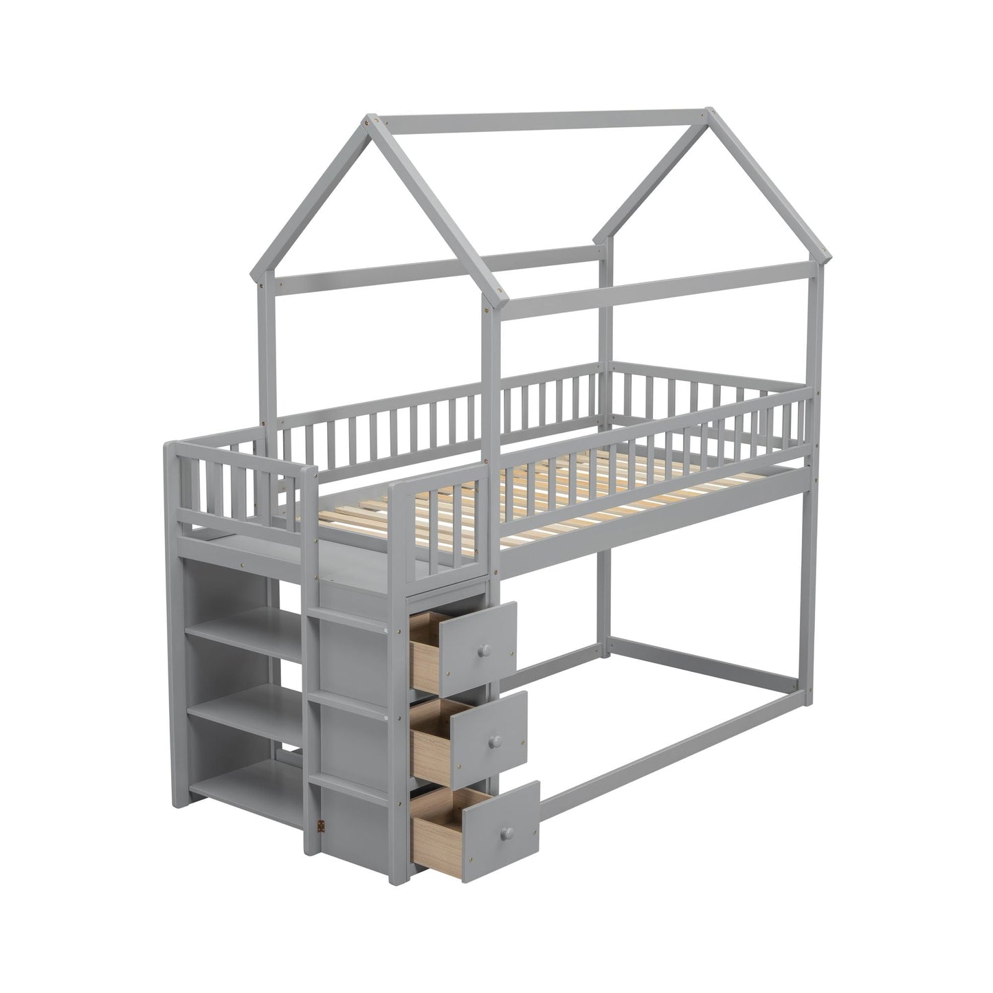 House-Style Twin Over Twin Wood Bunk Bed with Shelves and Drawers, Gray | Just Better Bunk Beds