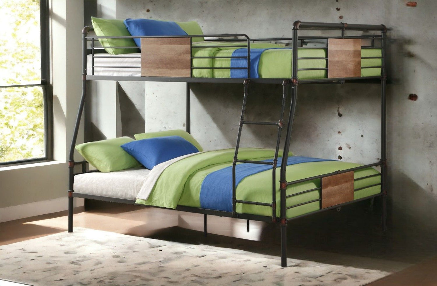 House-Style Full XL Over Queen Wood Bunk Bed Black and Dark Bronze Hand-Brushed Finish | Just Better Bunk Beds