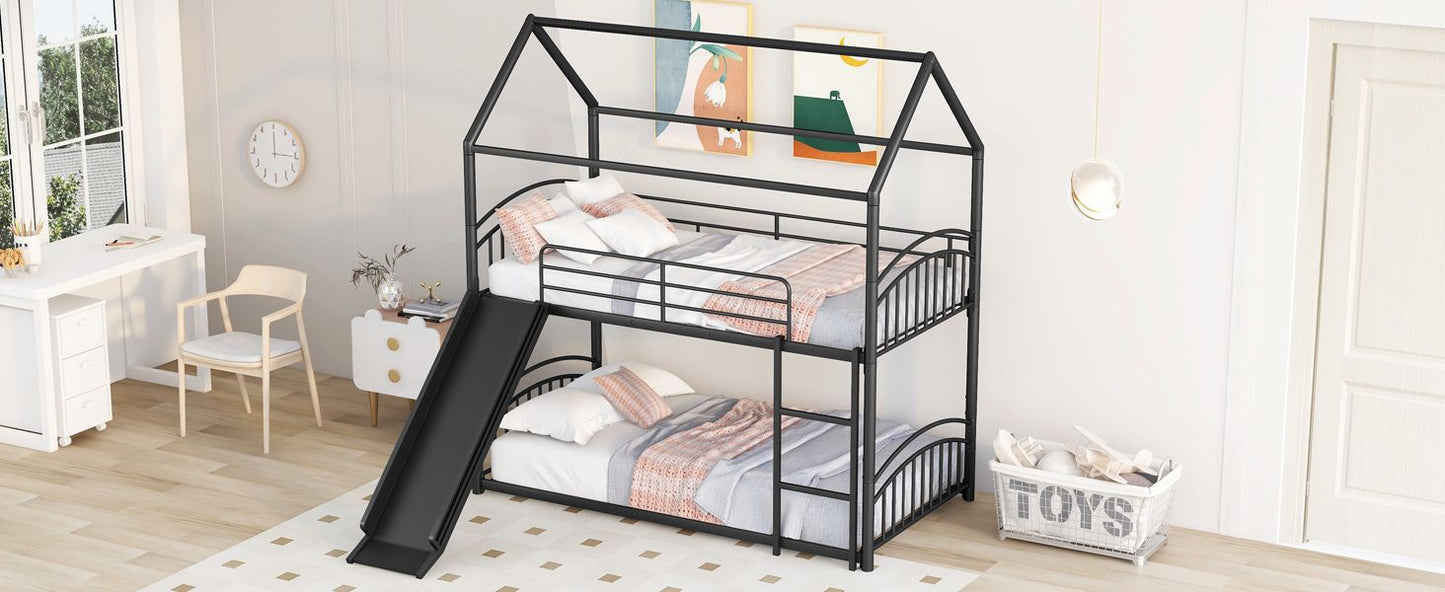 Kids Bedroom Twin Over Twin Metal Bunk Bed with Slide, Black | Just Better Bunk Beds