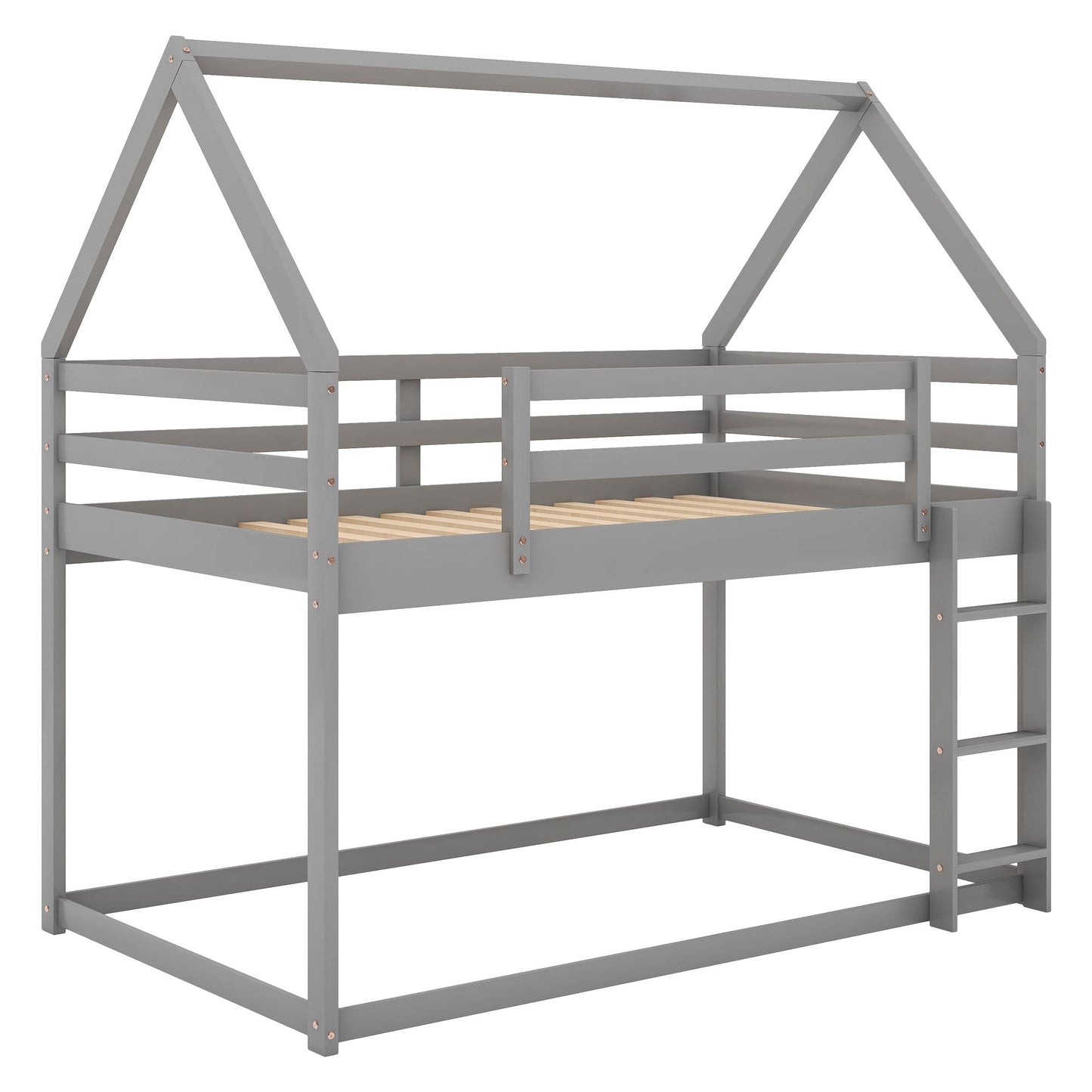 House-Style Low Twin Over Twin Wood Bunk Bed with Ladder, Gray | Just Better Bunk Beds