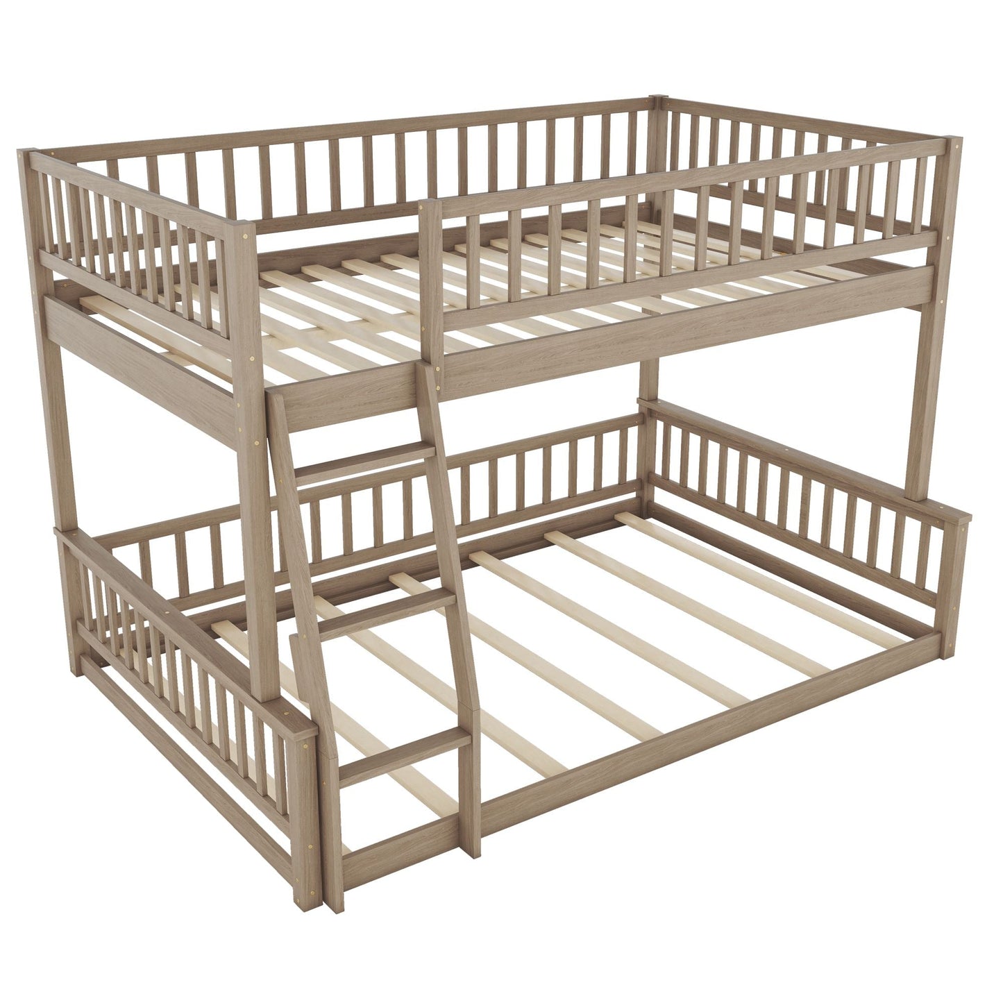 House-Style Full XL Over Queen Wood Bunk Bed with Ladder and Guardrails, Walnut | Just Better Bunk Beds