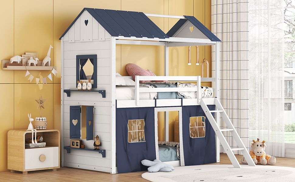 House-Style Twin Wood Bunk Bed with Elegant Windows, Sills, Tent, Blue and White | Just Better Bunk Beds