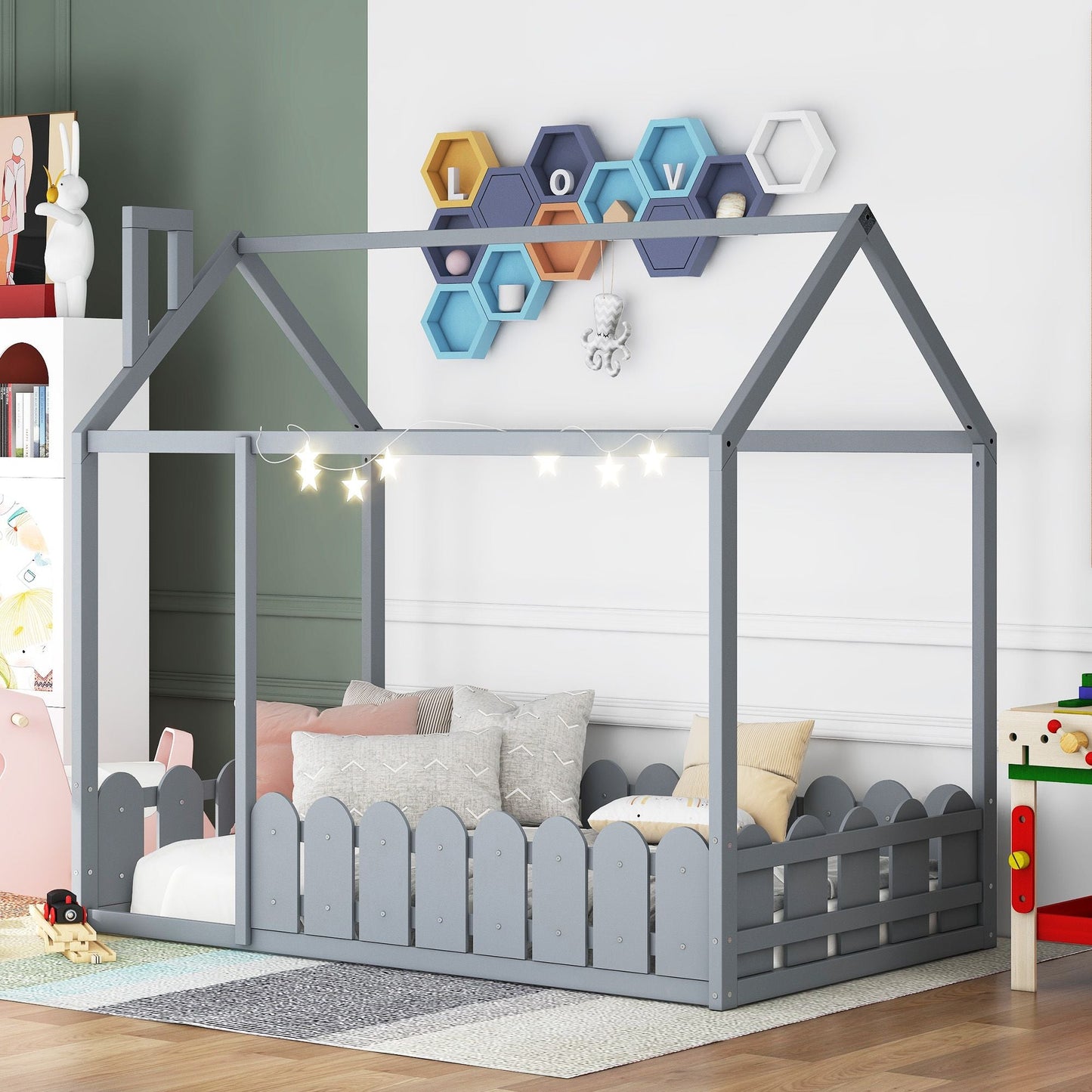 House-Style Twin Wood Bed Frame with Fence for Kids and Teens, Espresso, Gray, White | Just Better Bunk Beds