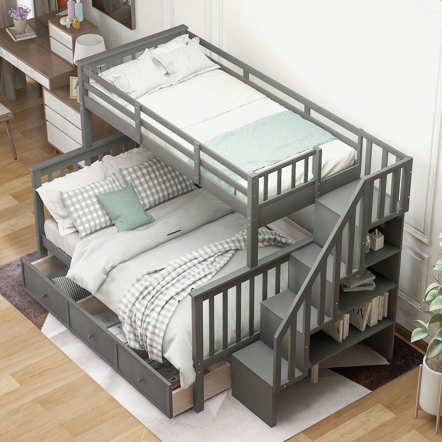 Staircase Storage Twin Over Full Wood Bunk Bed with Drawer, Storage, and Guard Rail, Gray | Just Better Bunk Beds