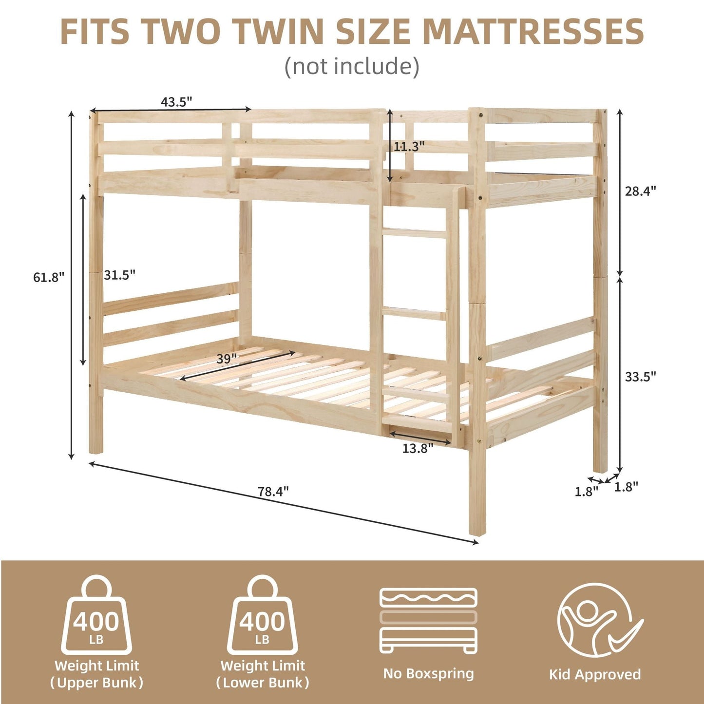 Shared Room Solution Twin Over Twin Wood Bunk Bed with Ladder, White | Just Better Bunk Beds