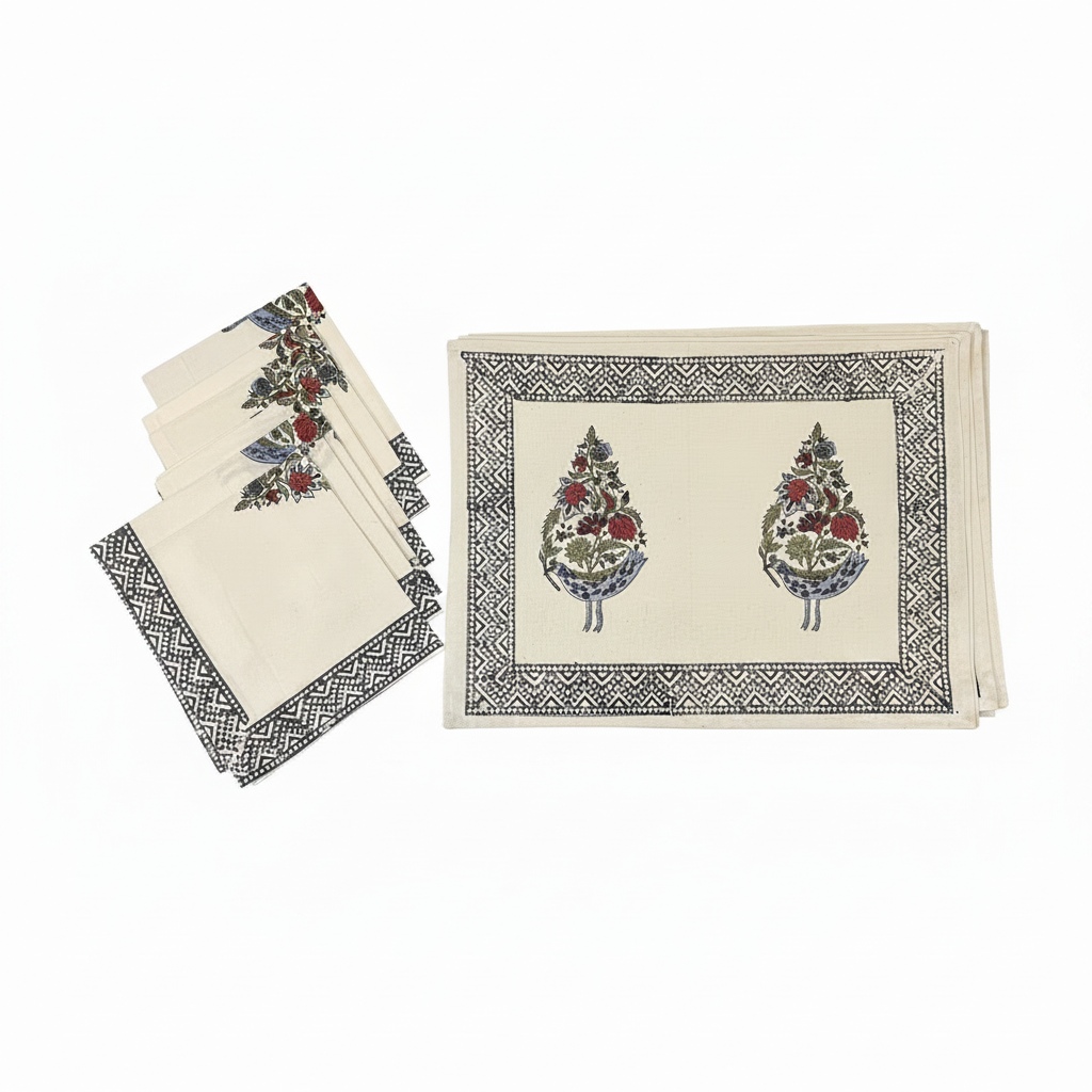 Hand Block Printed Cotton Dusty Blue & Rose Bird Motif 13 pieces Table Linen Set