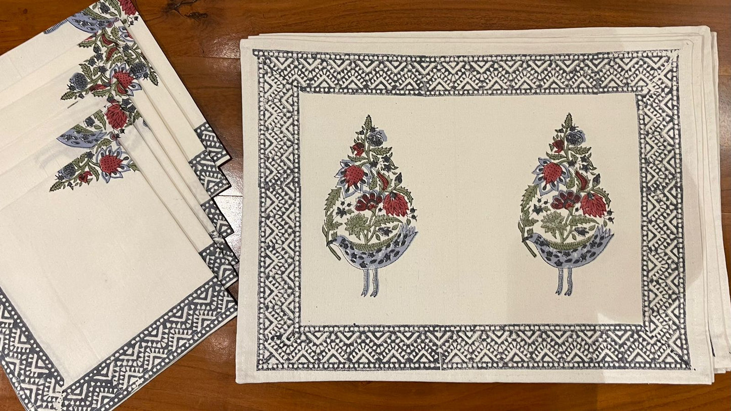 Hand Block Printed Cotton Dusty Blue & Rose Bird Motif 13 pieces Table Linen Set