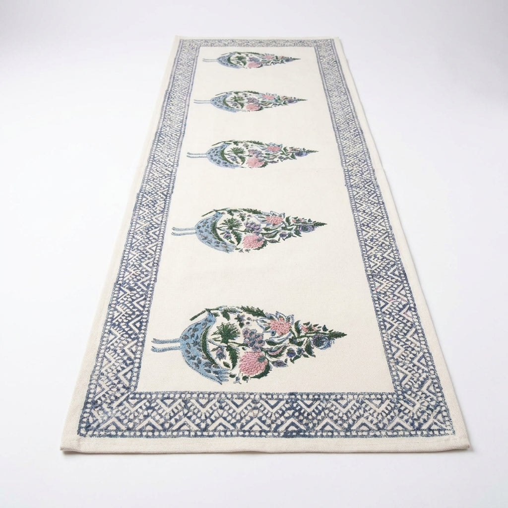 Hand Block Printed Cotton Dusty Blue & Rose Bird Motif 13 pieces Table Linen Set