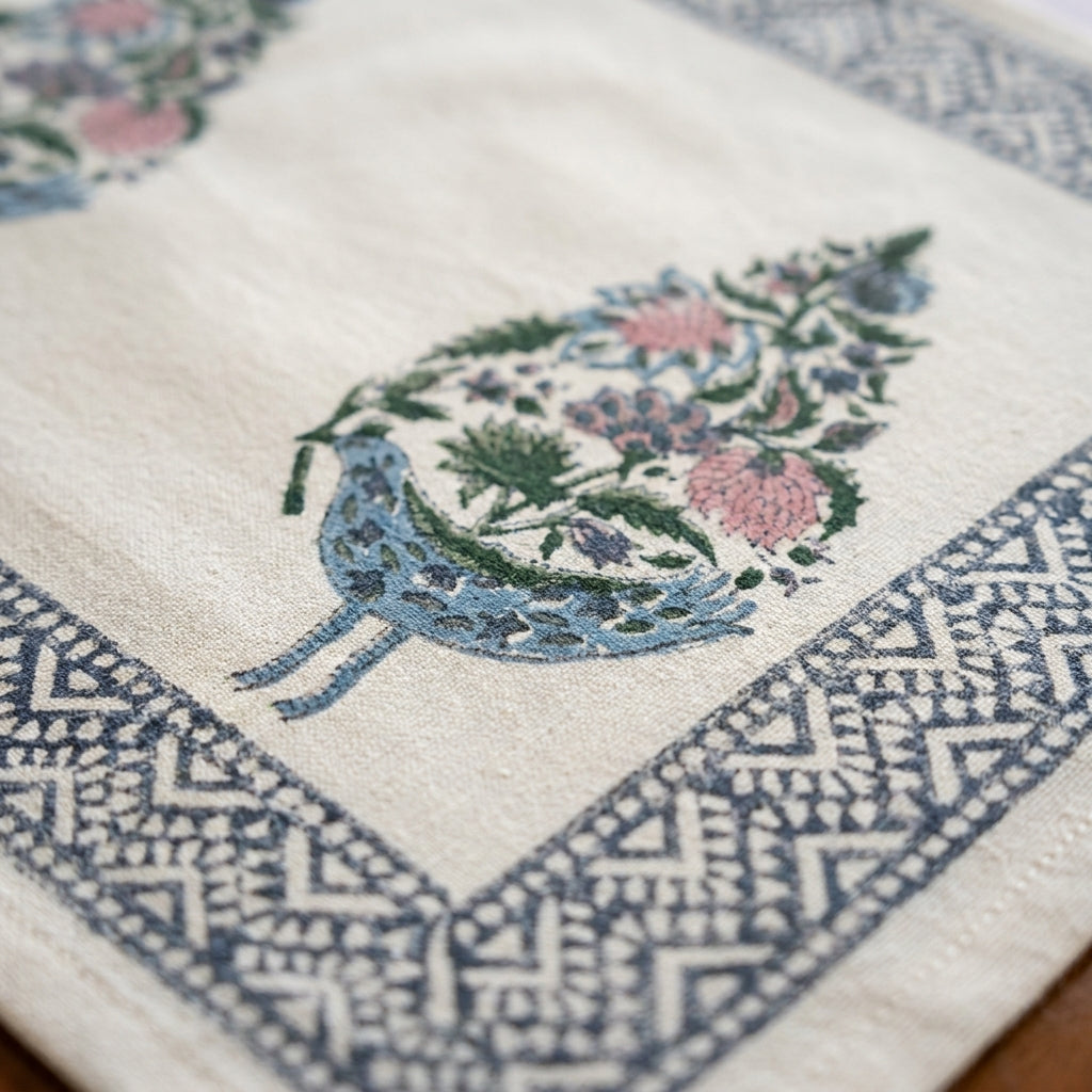 Hand Block Printed Cotton Dusty Blue & Rose Bird Motif 13 pieces Table Linen Set