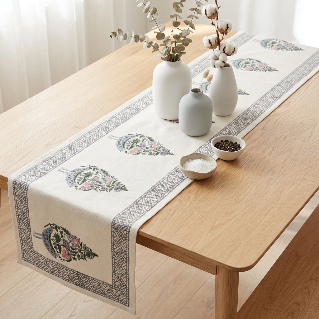 Hand Block Printed Cotton Dusty Blue & Rose Bird Motif 13 pieces Table Linen Set