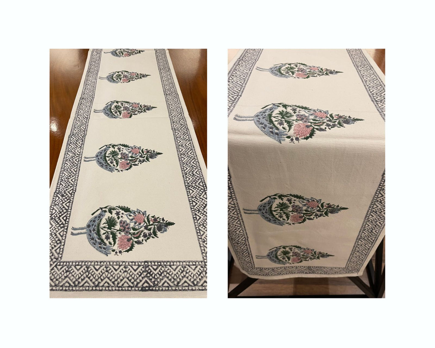 Hand Block Printed Cotton Dusty Blue & Rose Bird Motif 13 pieces Table Linen Set