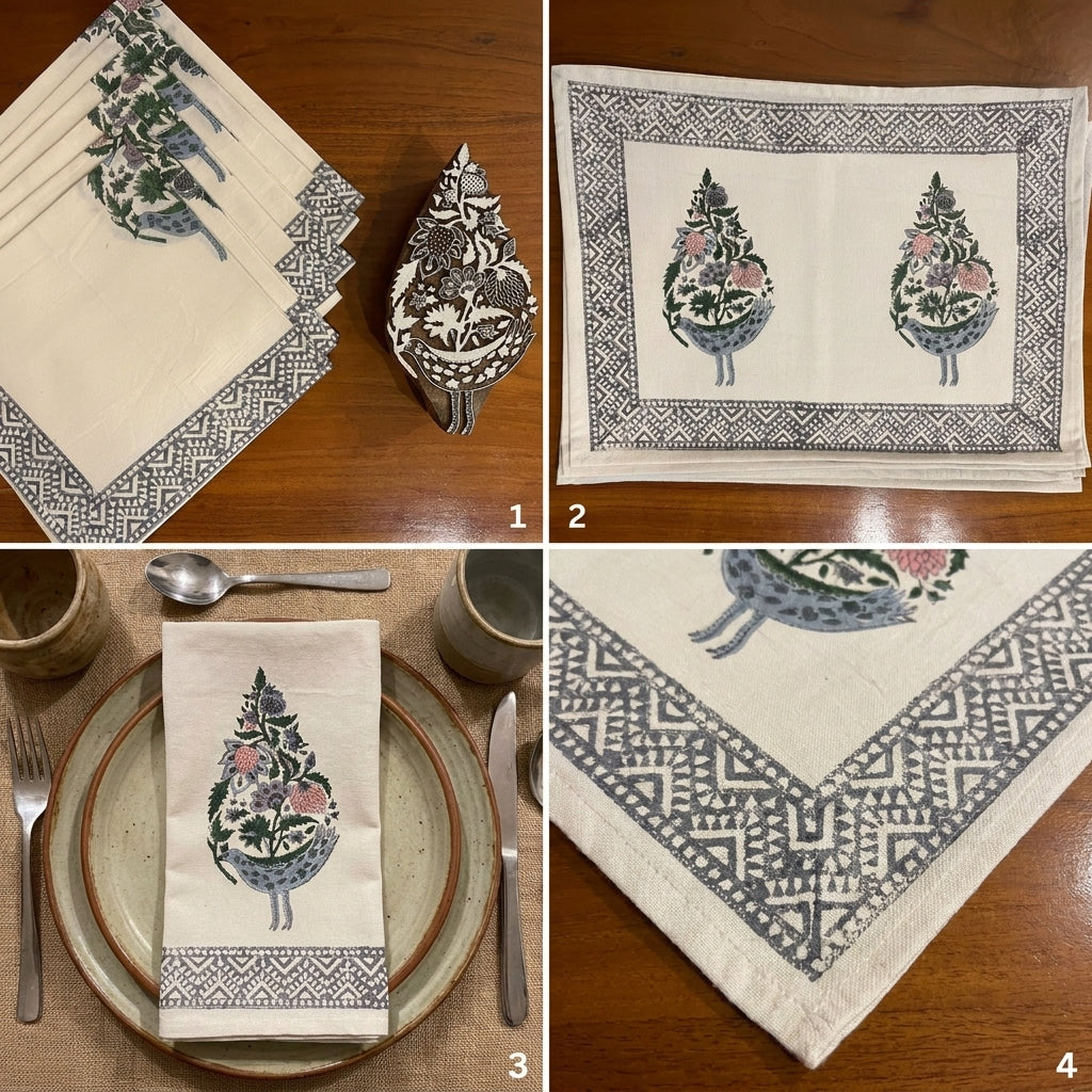 Hand Block Printed Cotton Dusty Blue & Rose Bird Motif 13 pieces Table Linen Set