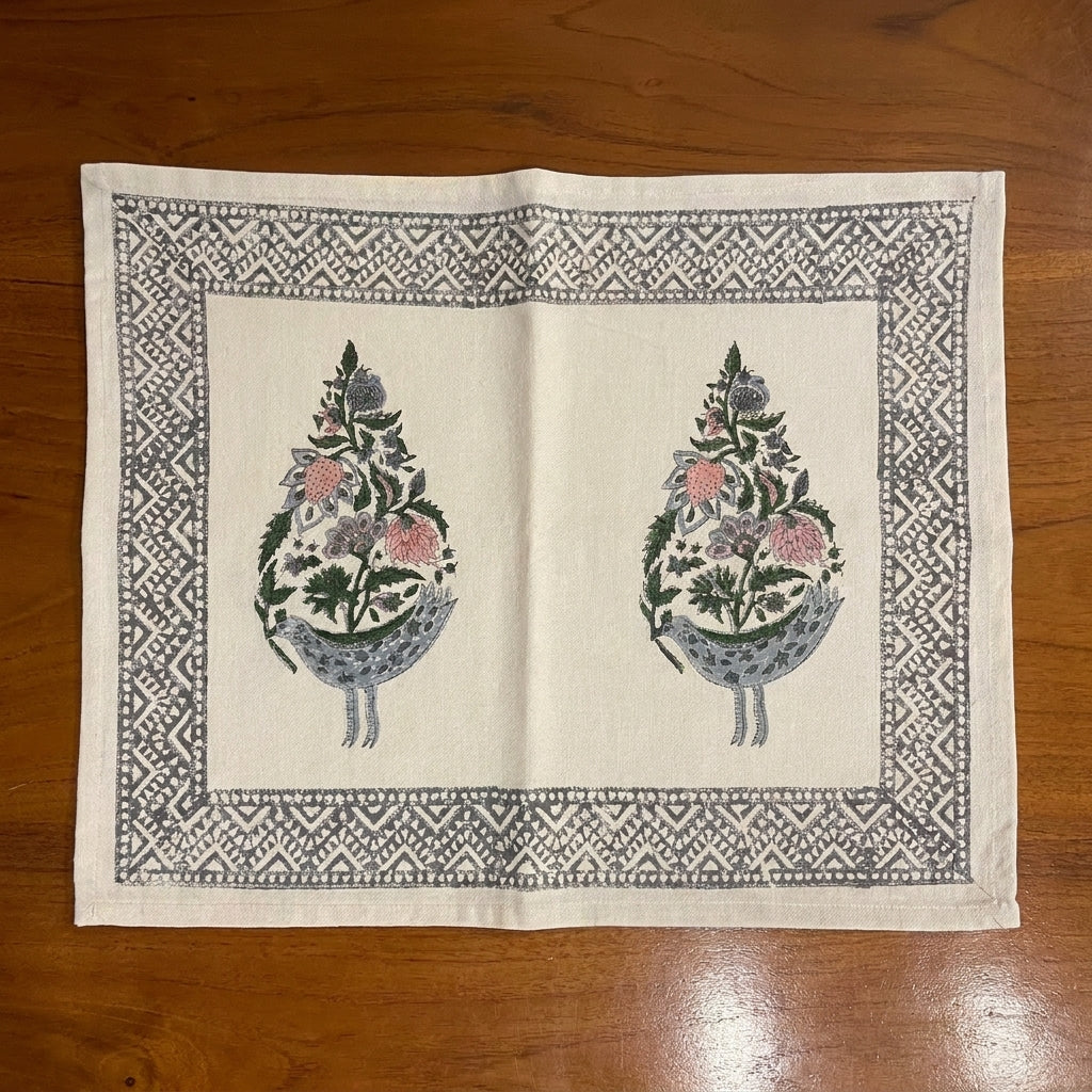 Hand Block Printed Cotton Dusty Blue & Rose Bird Motif 13 pieces Table Linen Set