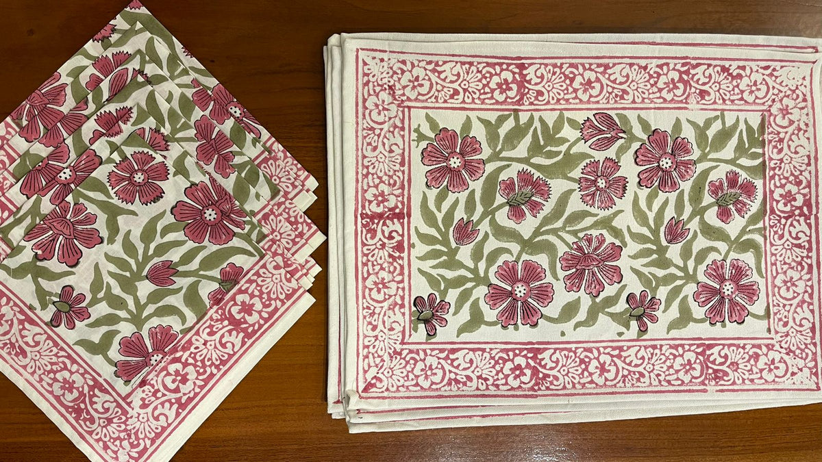 Dusty Rose & Sage Green Floral  Hand Block Printed Table 13 Pieces Linen Set