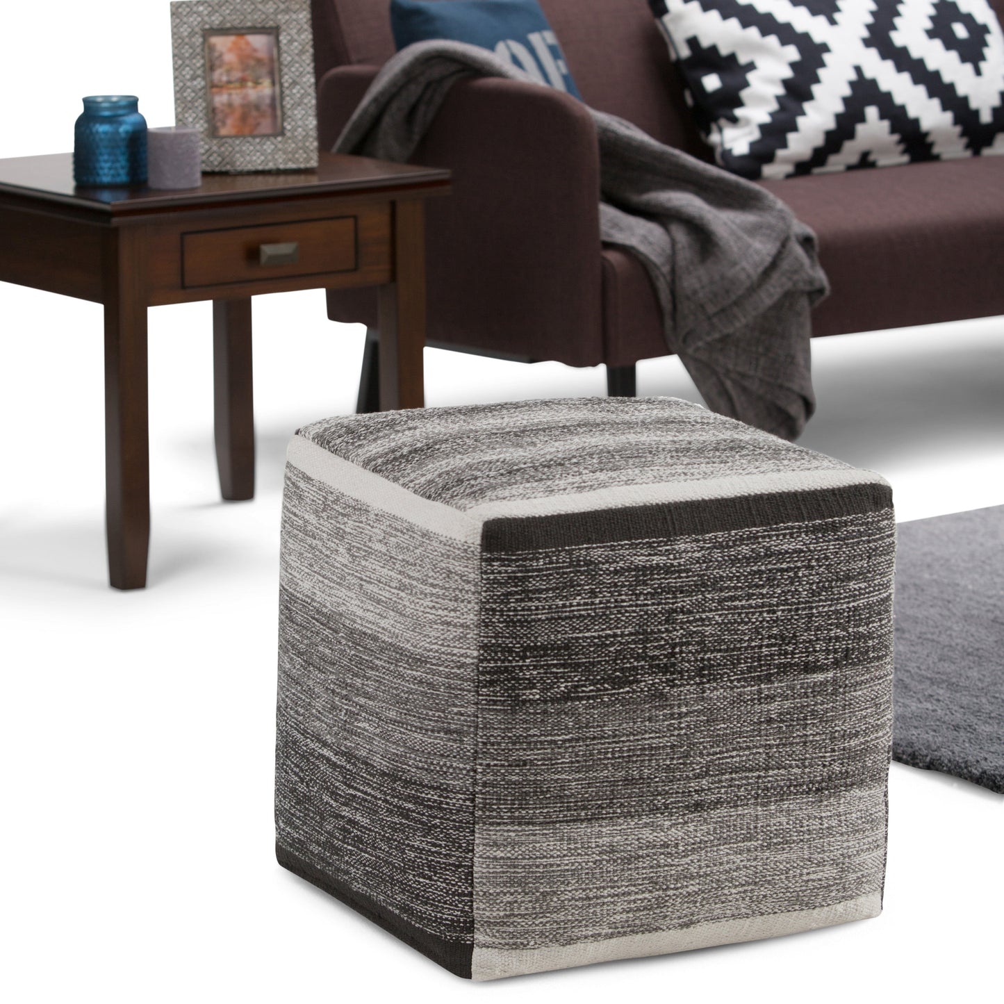 Naya 16 Inch Wide Cube Pouf in Black/Grey Handwoven Cotton