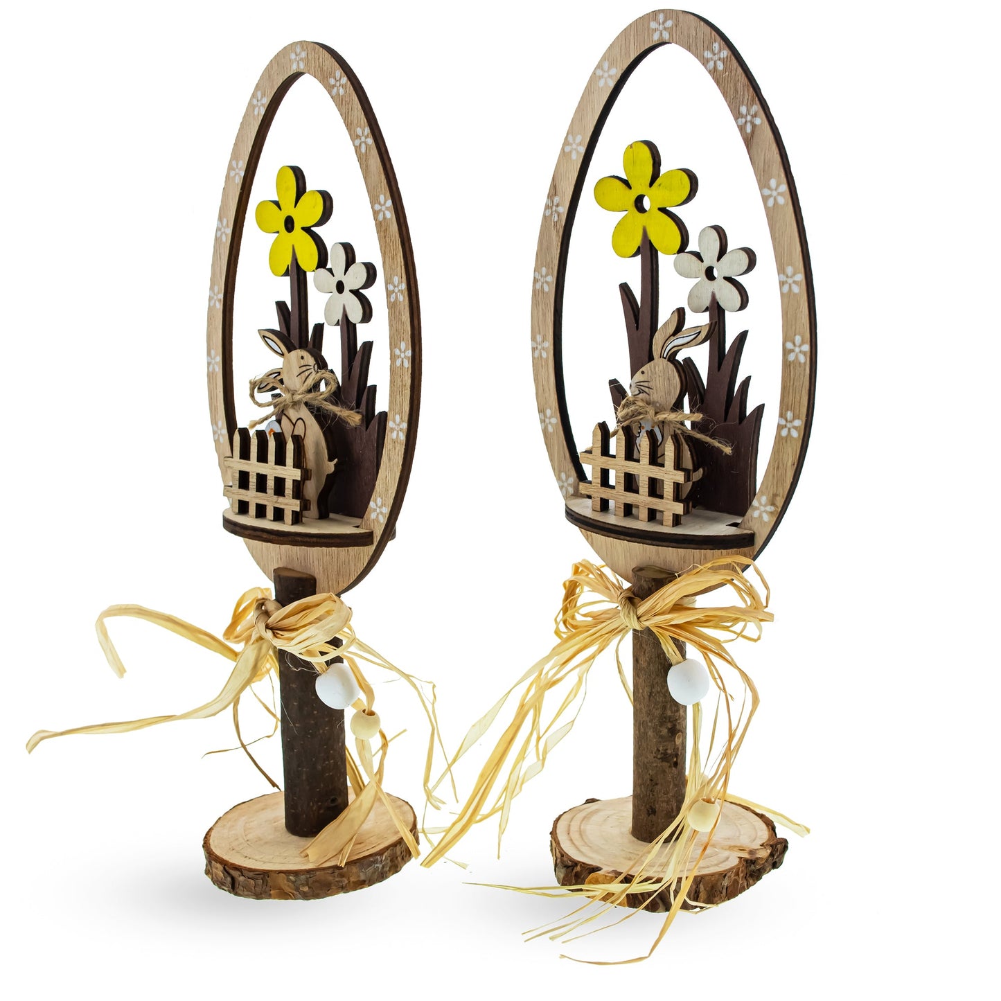 Set of 2 Rustic Wooden Easter Egg Decorations – Handmade Bunny & Flower Tabletop Decor