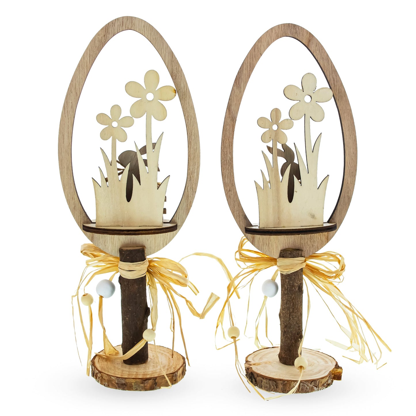 Set of 2 Rustic Wooden Easter Egg Decorations – Handmade Bunny & Flower Tabletop Decor