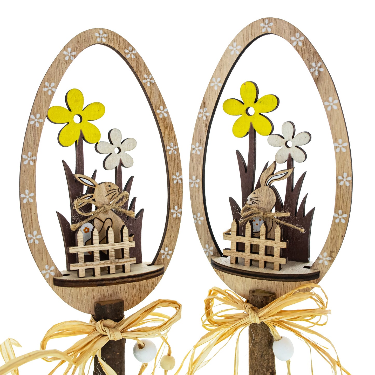 Set of 2 Rustic Wooden Easter Egg Decorations – Handmade Bunny & Flower Tabletop Decor