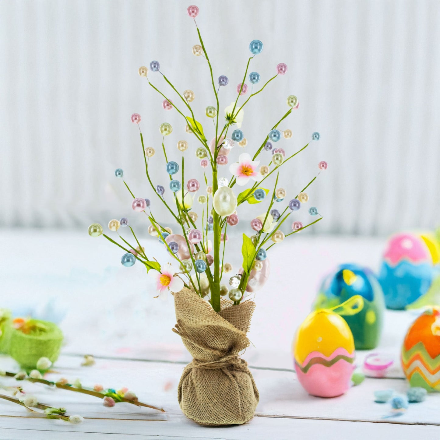 Easter Berry & Egg Floral Arrangement – Rustic Spring Tabletop Centerpiece with Burlap Base