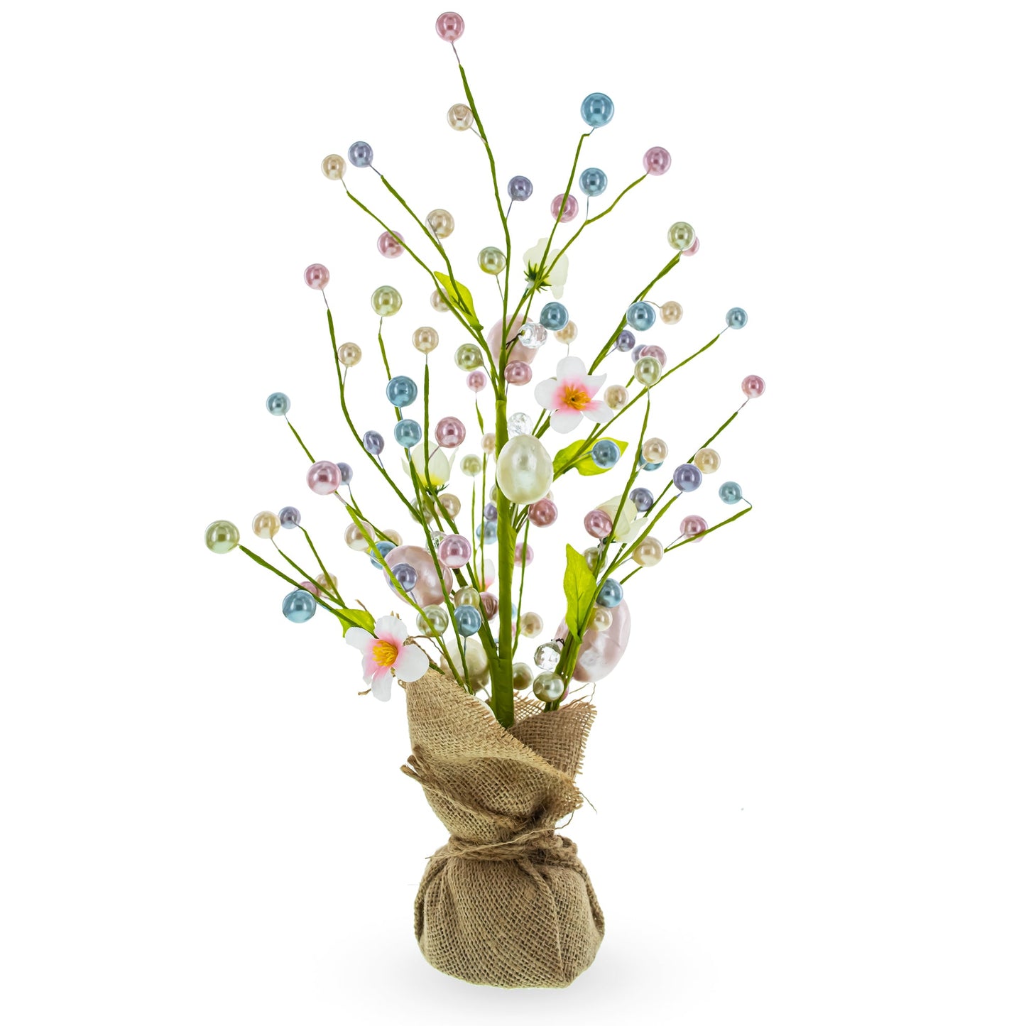 Easter Berry & Egg Floral Arrangement – Rustic Spring Tabletop Centerpiece with Burlap Base