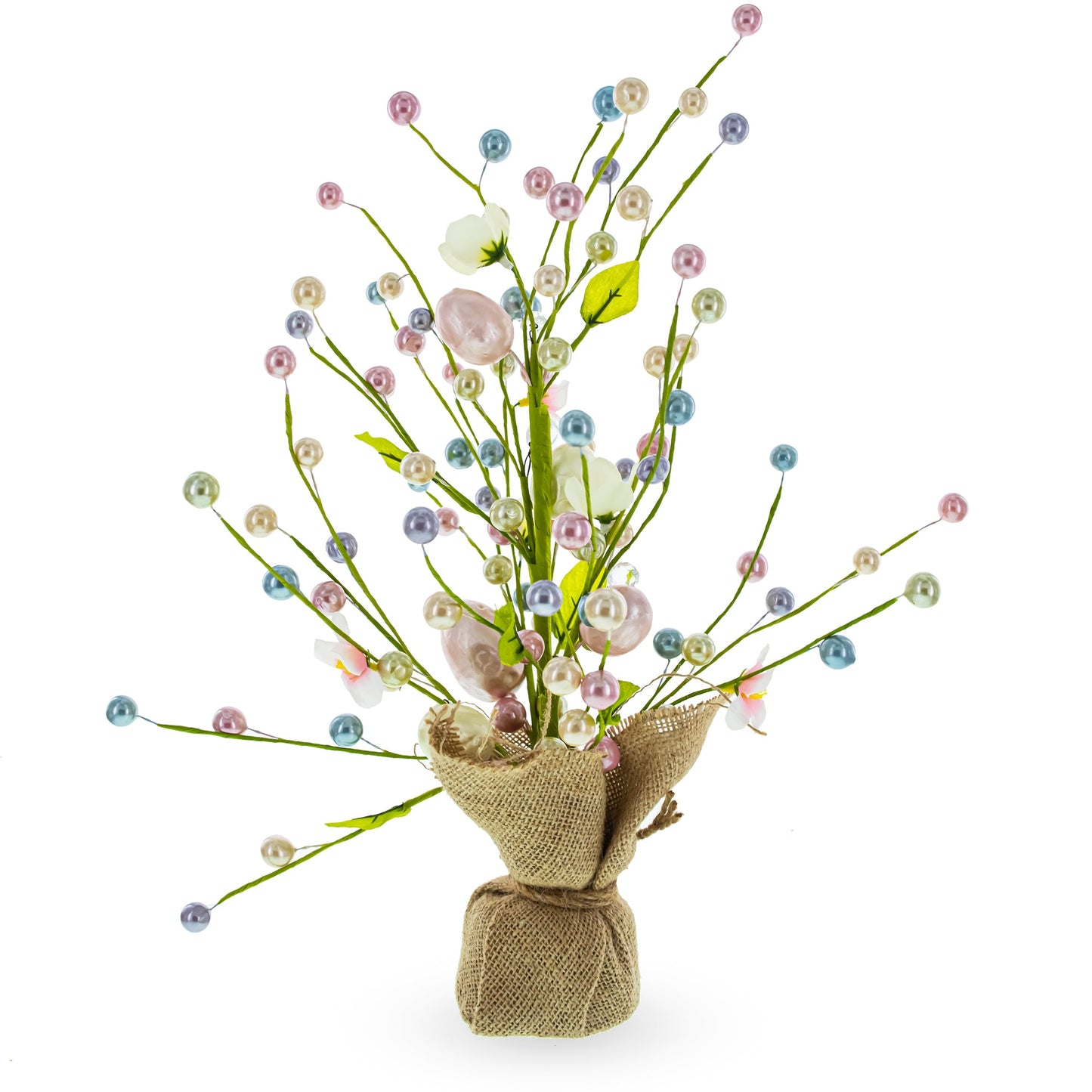 Easter Berry & Egg Floral Arrangement – Rustic Spring Tabletop Centerpiece with Burlap Base