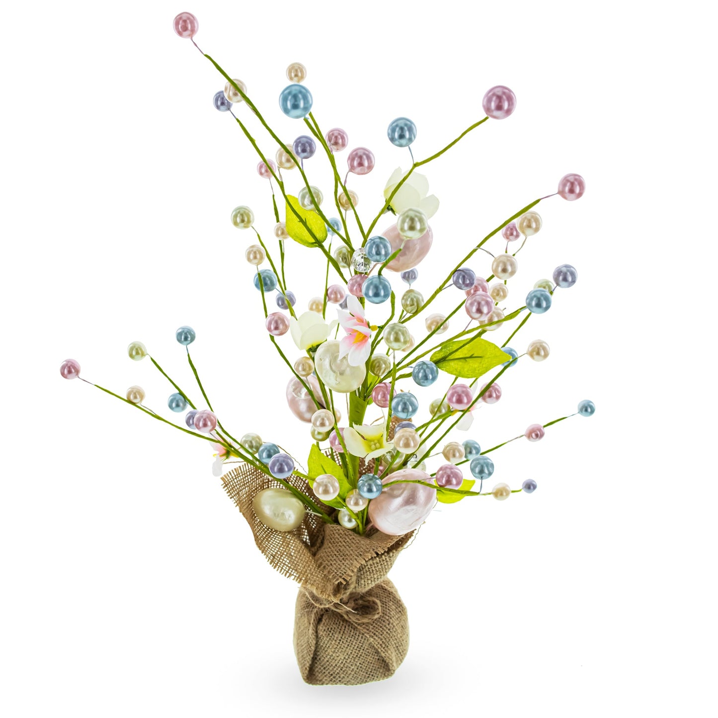 Easter Berry & Egg Floral Arrangement – Rustic Spring Tabletop Centerpiece with Burlap Base