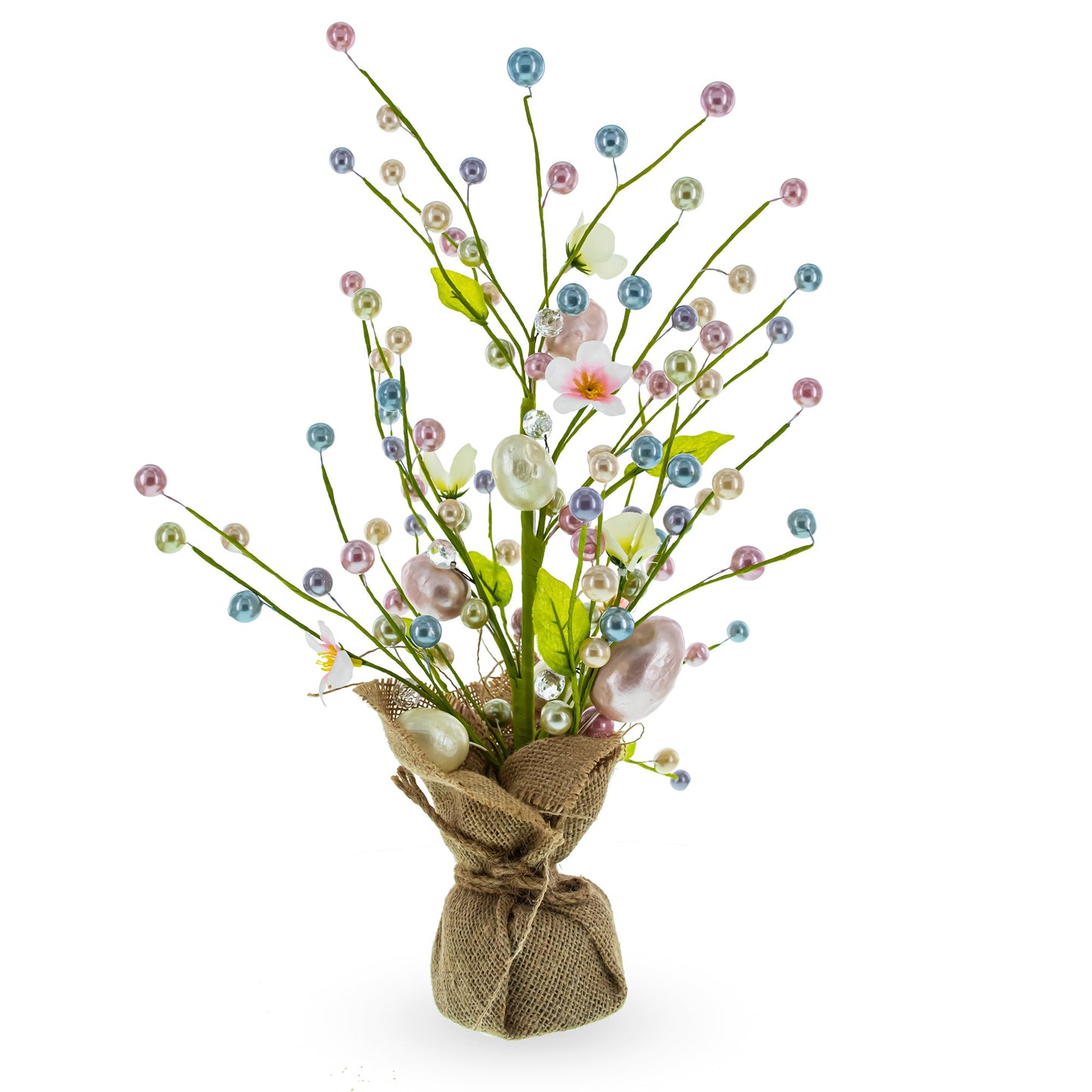 Easter Berry & Egg Floral Arrangement – Rustic Spring Tabletop Centerpiece with Burlap Base