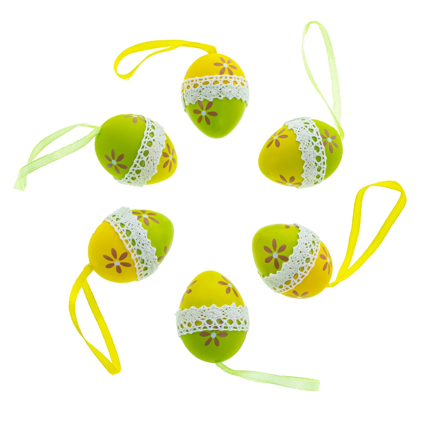 Set of 6 Miniature Hanging Easter Egg Ornaments – Lace-Trimmed Floral Decoration Set for Easter Trees & Home Decor