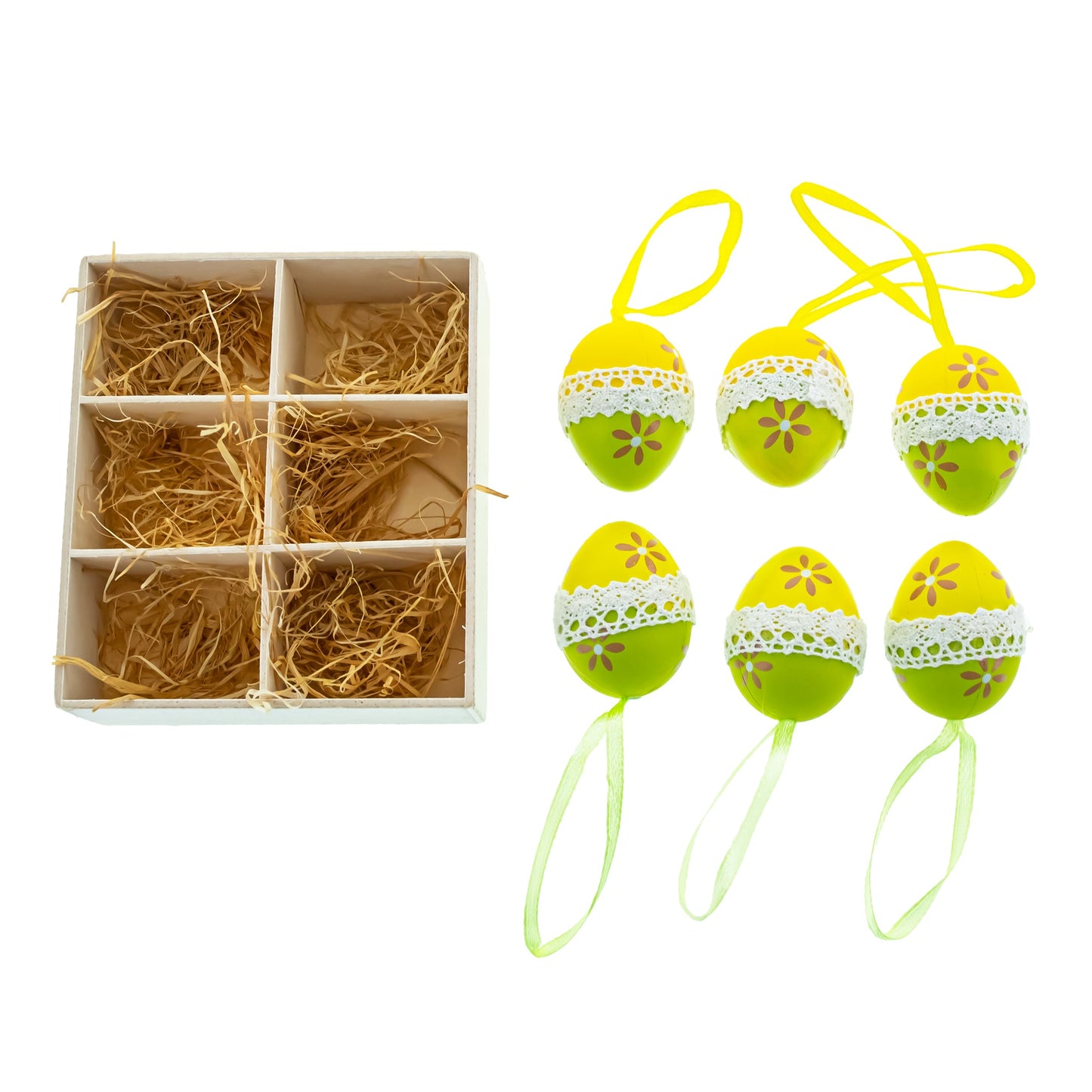 Set of 6 Miniature Hanging Easter Egg Ornaments – Lace-Trimmed Floral Decoration Set for Easter Trees & Home Decor
