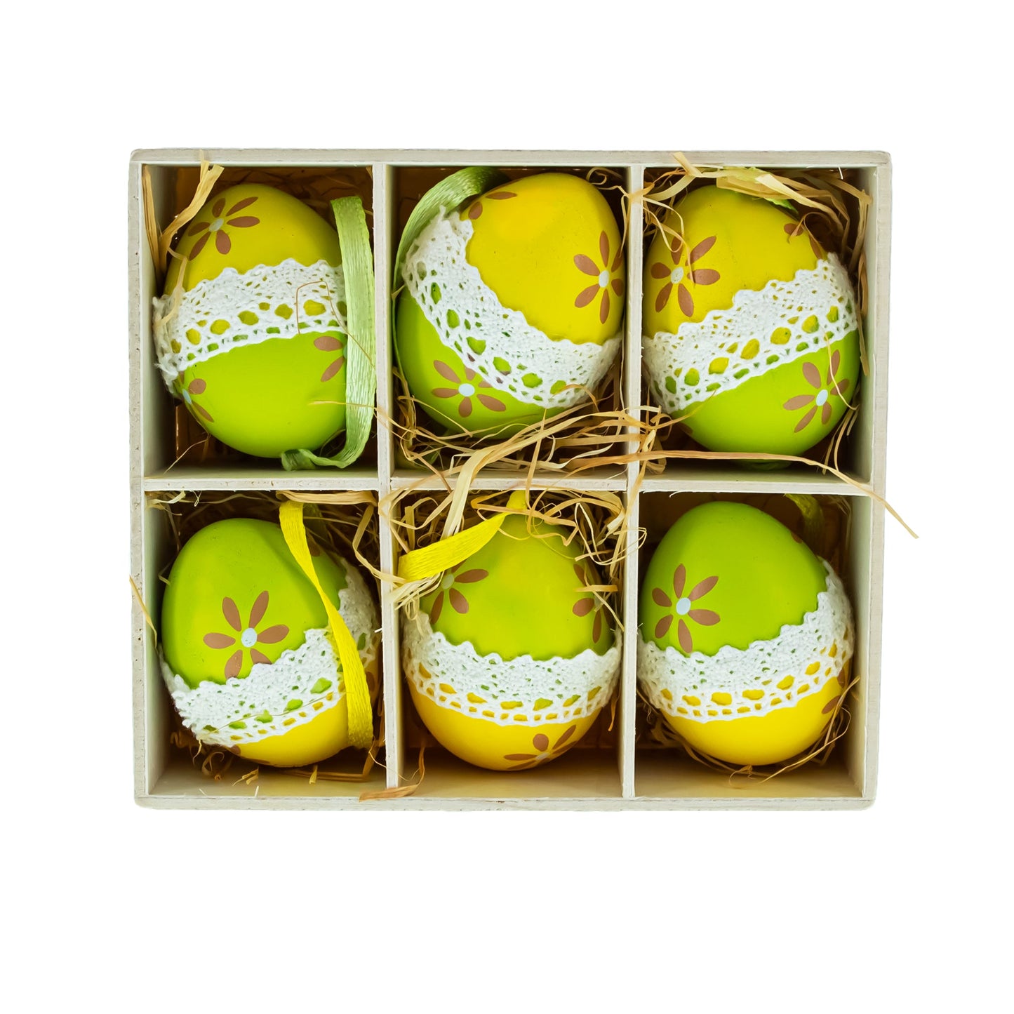 Set of 6 Miniature Hanging Easter Egg Ornaments – Lace-Trimmed Floral Decoration Set for Easter Trees & Home Decor