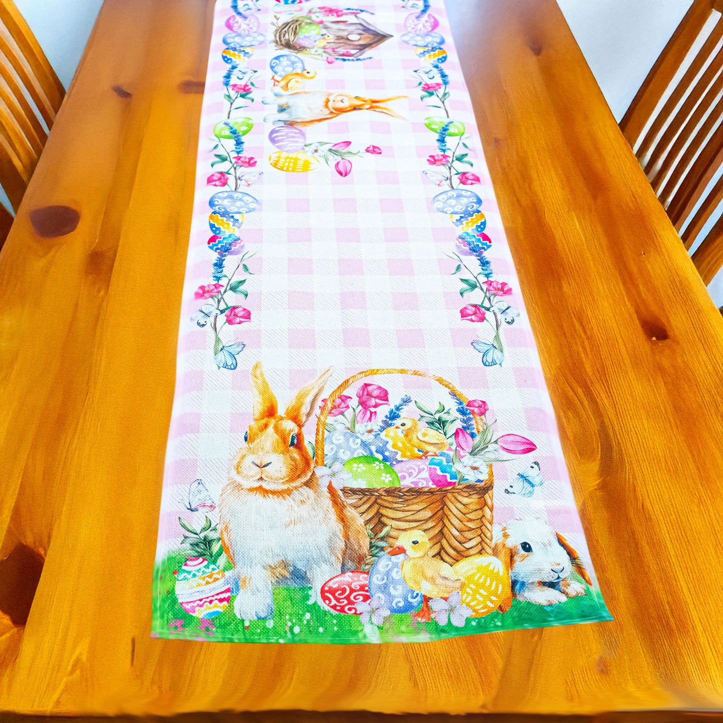 Whimsical Bunny and Colorful Eggs Easter Table Runner