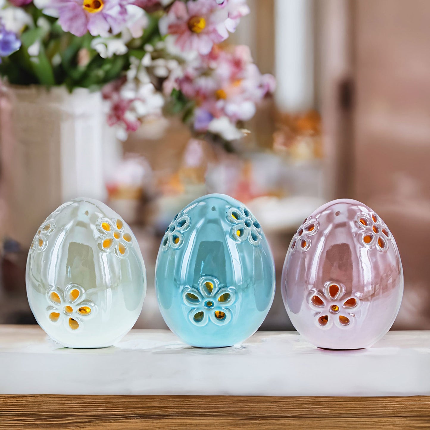 Set of 3 Pearlized Ceramic Easter Egg Lanterns