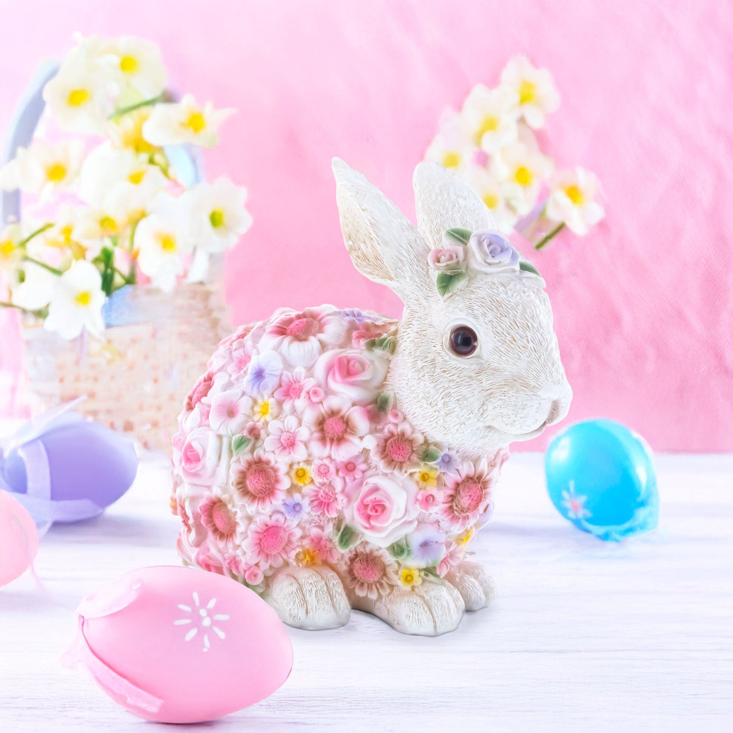 Floral Bunny Figurine – Elegant Spring & Easter Decor with Pastel Flowers 7.1 Inches