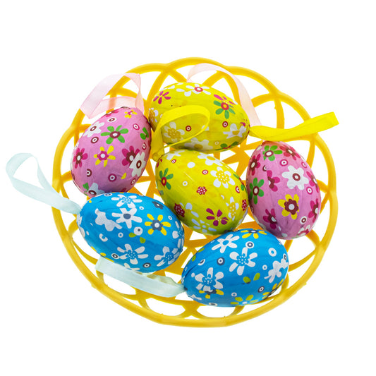Set of 6 Floral Easter Egg Ornaments in Basket