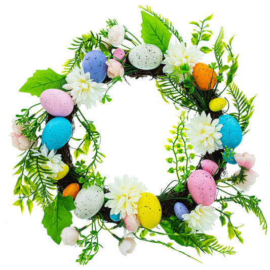 Easter Egg & Floral Wreath – Spring Door Decoration with Speckled Eggs & Flowers 13 Inches