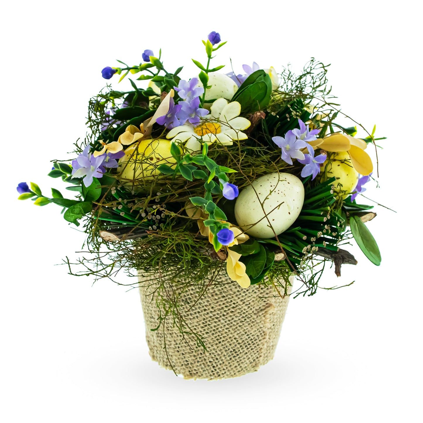 Easter Egg & Floral Arrangement – Rustic Spring Tabletop Decor in Burlap Pot
