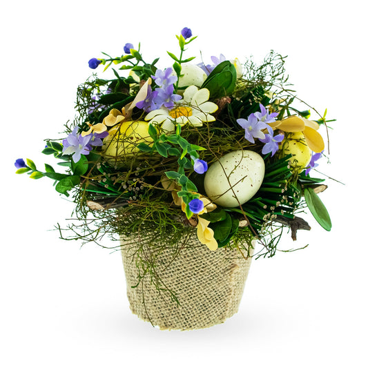 Easter Egg & Floral Arrangement – Rustic Spring Tabletop Decor in Burlap Pot