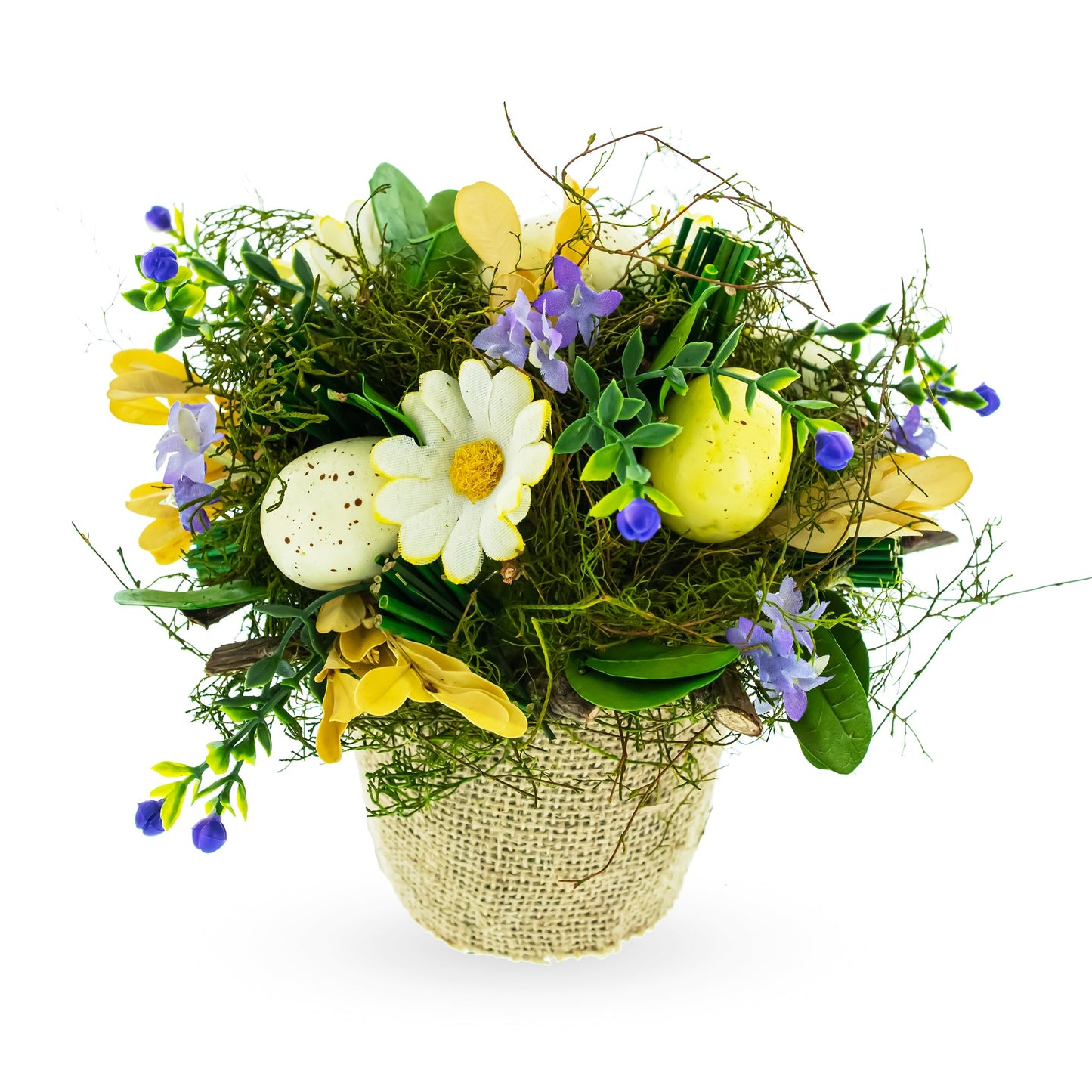 Easter Egg & Floral Arrangement – Rustic Spring Tabletop Decor in Burlap Pot