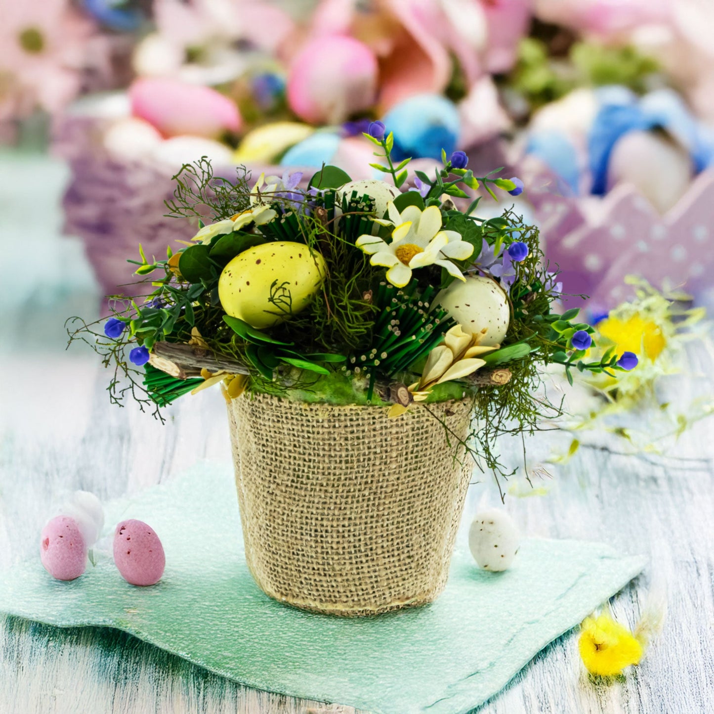 Easter Egg & Floral Arrangement – Rustic Spring Tabletop Decor in Burlap Pot
