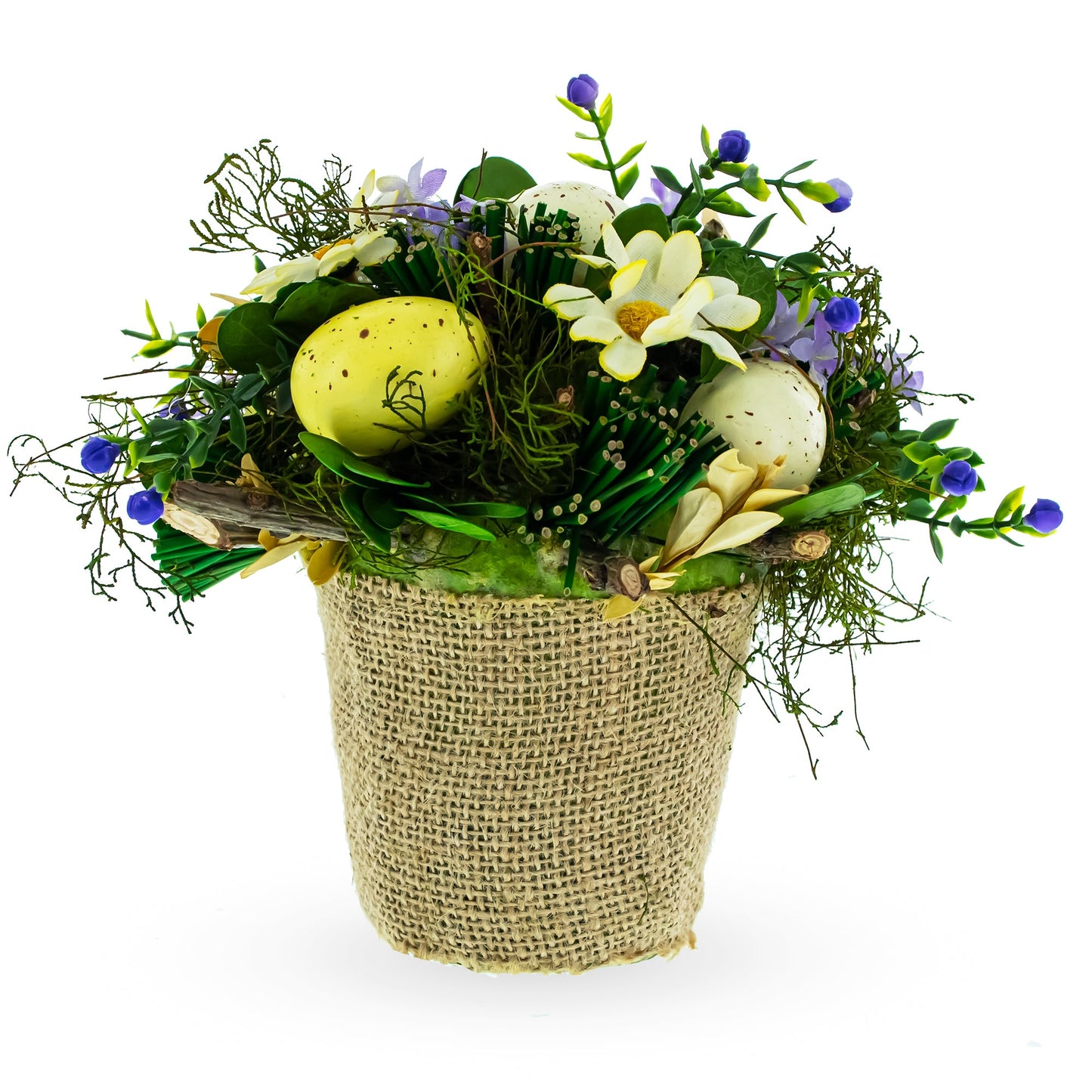 Easter Egg & Floral Arrangement – Rustic Spring Tabletop Decor in Burlap Pot