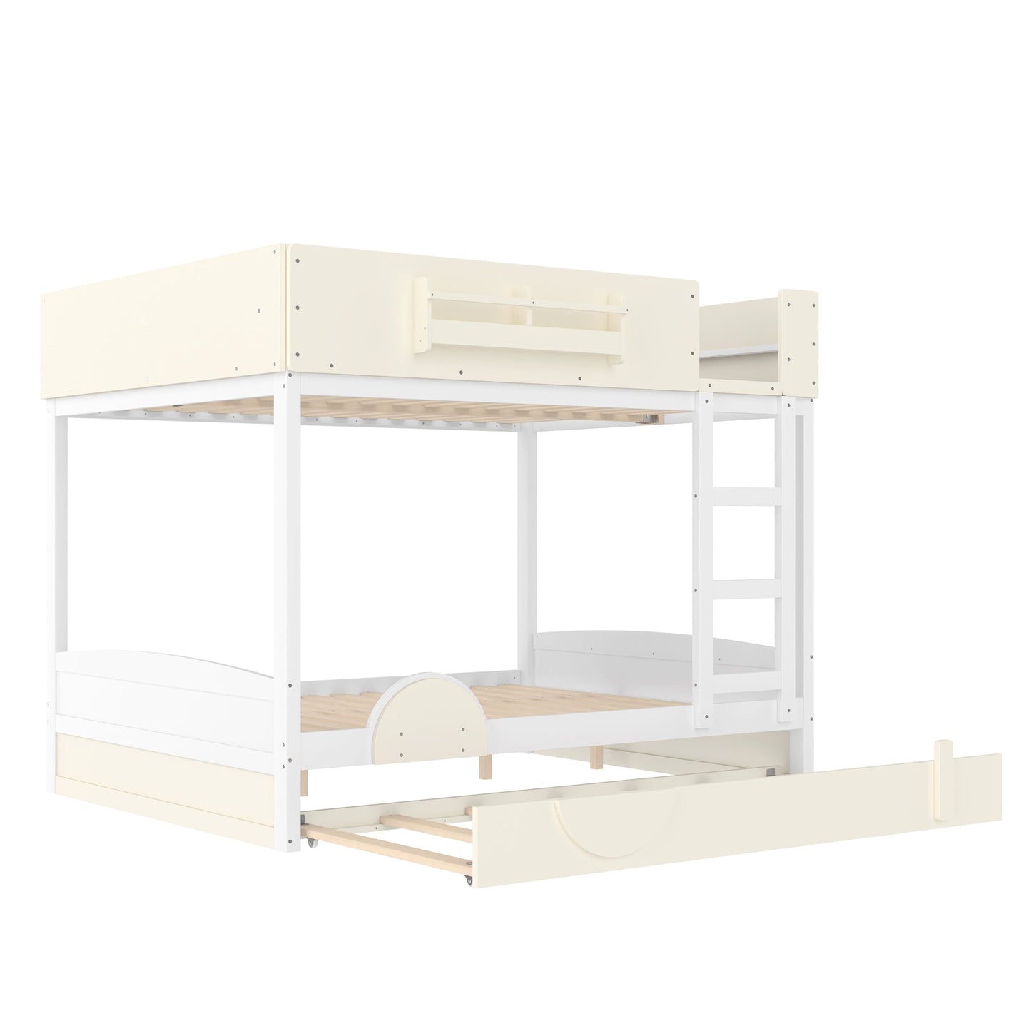 Queen Bunk Bed with Trundle , Wood Bunk Bed Frame with Built-in Bookshelf and High-quality Safety Guardrail,Automobile Form Design for Kids ,White＆ Beige.